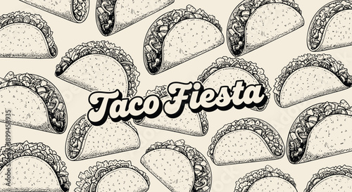 Tacos arranged in a festive pattern with taco fiesta text overlay