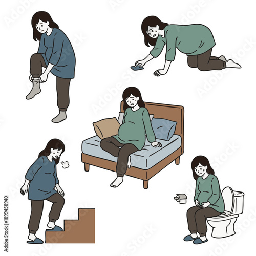 妊娠中の体調不良や体の悩みに困る妊婦のイラストセット 5種