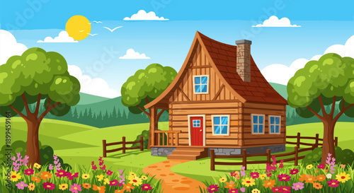 Charming Log Cabin in a Picturesque Meadow A Vector Illustration of Rural Serenity and Nature's Beauty