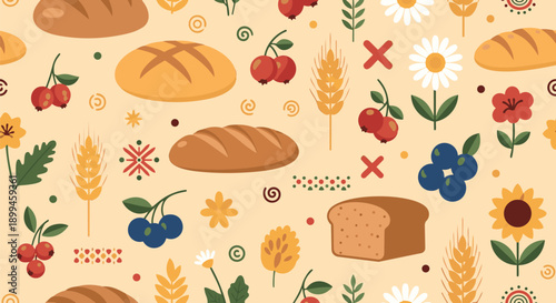Seamless pattern with wheat ears, bread, berries, flowers, folk decorative elements, rustic folk style, flat vector illustration, warm autumn colors