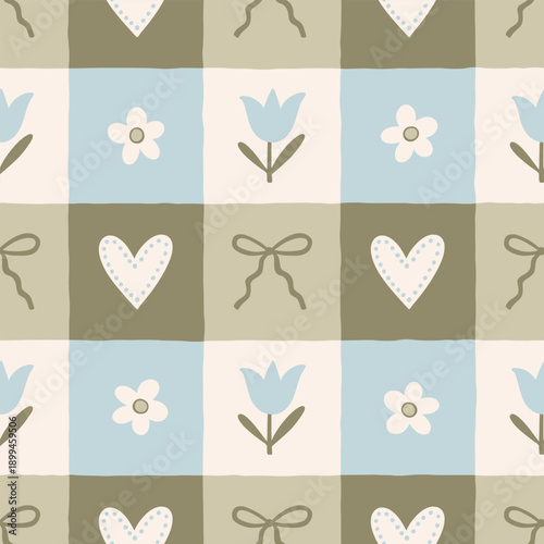 Cottage core checkered seamless pattern. Hand drawn cute nostalgic print with gingham blue and green ornament. Playful whimsical pattern for kitchen textile, blanket, tablecloth.