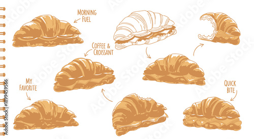 Variety of croissants with different fillings and labels on a white background