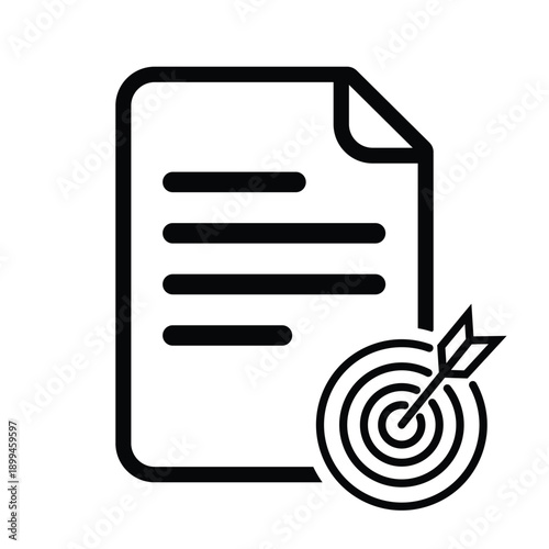 Minimalist icon of a document with a target and arrow. Ideal for representing business goals, accuracy in reporting, objective tracking, mission statements, and strategic planning.