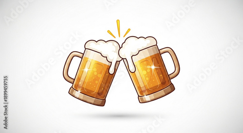 Two beer mugs clinking together with foamy heads and a celebratory sparkle on a white background