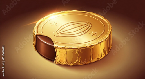 Golden chocolate coin with embossed design and bite taken out on brown background