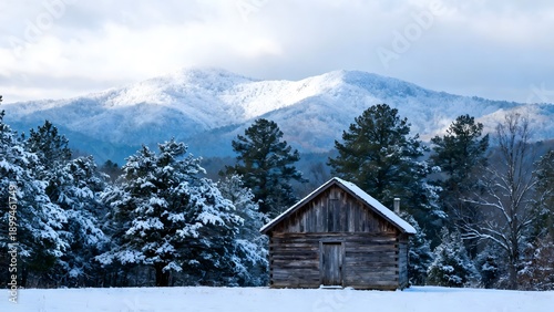 Wallpaper Mural Rustic Wooden Cabin in a Snowy Winter Landscape with Mountains Torontodigital.ca
