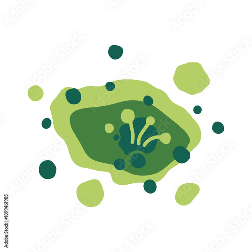 Microscopic mold colony in a damp indoor environment shows green and black fungus growth. Vector illustration.