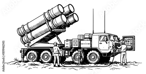 Military missile launcher vehicle being operated by a soldier in black and white woodcut style