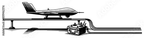 Military drone sitting on a launch rail connected to a ground control station in engraved line art style