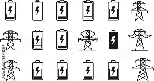 Battery charging and power transmission tower icons set, electricity storage levels and high voltage pylons, energy supply concept, black and white illustration