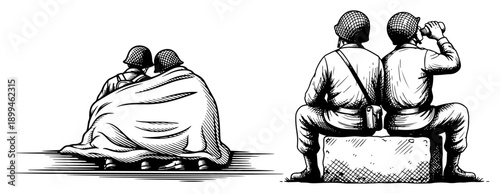 Scene of soldiers resting under a blanket and drinking during a break in woodcut style