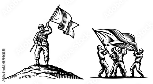 Patriotic soldiers raising a flag on top of a hill in vintage woodcut style