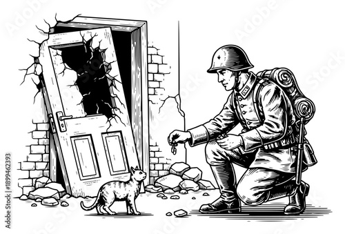 Compassionate soldier feeding a small cat amidst war ruins in woodcut engraving style