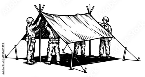 Group of soldiers setting up a temporary tent or shelter in black and white woodcut style