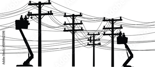 Electric utility workers repairing power lines silhouette, maintenance of overhead electrical distribution network with poles and cables, energy infrastructure service, black and white illustration