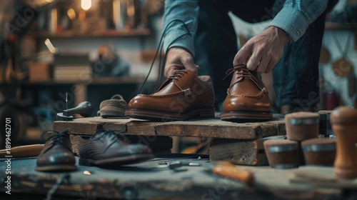 Artisan shoemaker lacing handmade leather shoes on workbench