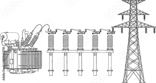 High voltage electrical substation equipment illustration, power transformer, insulators and transmission tower, electricity distribution and grid infrastructure, detailed black and white line art