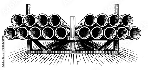 Φωτογραφία Stacked metal pipes stored on a rack front view illustration