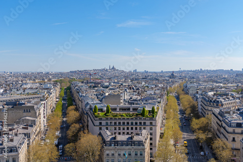 Foto Spring cityscape of Paris, sunny day, boulevard lined with trees, rooftops below