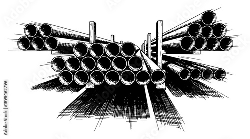 Perspective view of stacked industrial pipes on a construction site