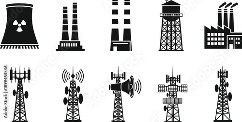 Industrial infrastructure and communication towers icons set, factories, power plants, nuclear cooling tower, water tank and telecom masts, black silhouette engineering illustration