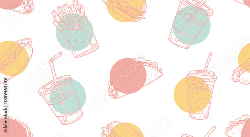 Fast food pattern with burgers tacos fries and drinks on white background