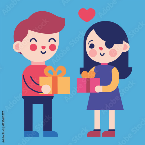 Couple exchanging gifts with hearts for valentine’s day celebration