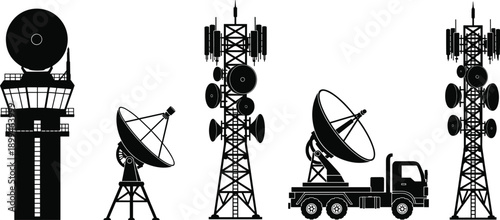 Telecommunication towers and satellite communication equipment silhouettes set, radar, antennas and mobile signal infrastructure, wireless technology and broadcasting concept, black and white