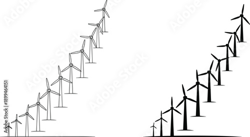 Wind turbine growth comparison illustration, renewable energy development from small to large turbines, clean power progress concept, minimalist black and white vector style