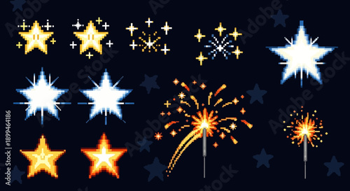 Pixel art stars and sparklers set
