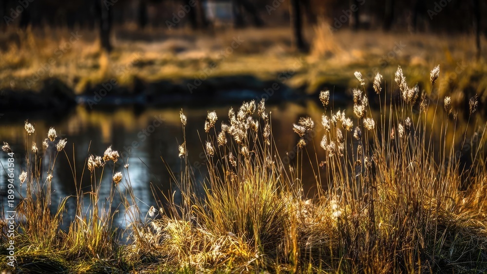 Fototapeta premium Sunlit golden grasses at the water’s edge beside a calm lake at sunset. Concept Golden hour lakeside landscape, Sunlit grasses by the water, Calm lake reflections at sunset