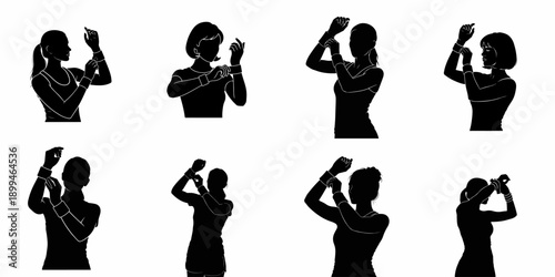 Female silhouettes adjusting wristbands or smartwatches, illustrating fitness, sport, or technology concept vector illustration set.