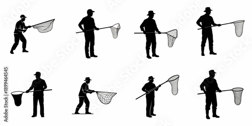Eight black silhouettes of fishermen holding landing nets in various poses, isolated on a white background, vector collection.