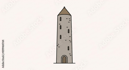 A tall slender medieval style stone tower with a conical brown roof and small windows on a plain background