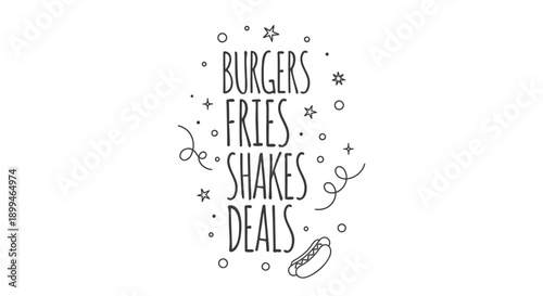 Fast food menu illustration with burgers fries shakes and deals on white background