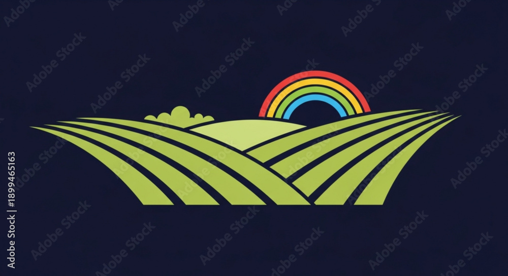 Fototapeta premium Vibrant green agricultural landscape with rainbow over rolling hills and fields at sunset