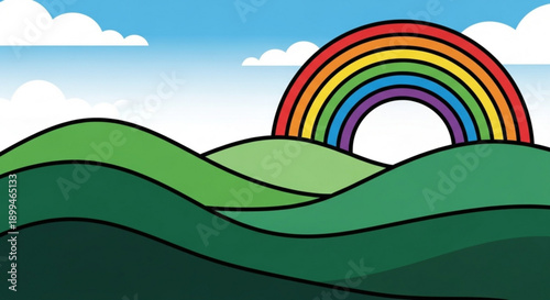 Vibrant rainbow over rolling green hills with fluffy white clouds in a bright blue sky symbolizing hope and serenity in a natural landscape