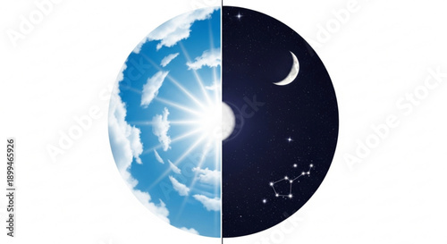 Day and night earth globe with sun moon stars and clouds on white background