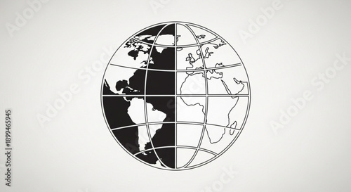 Black and white illustration of a globe with americas in shadow on a light gray background