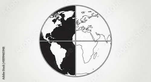 Black and white illustration of a globe with contrasting day and night sides on a light background