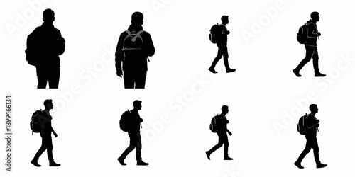 Black silhouettes of young male students or hikers walking and standing with backpacks, isolated vector illustration set on white background.