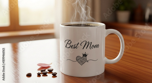 Steaming 'best mom' coffee mug on wooden table with coffee beans and heart design