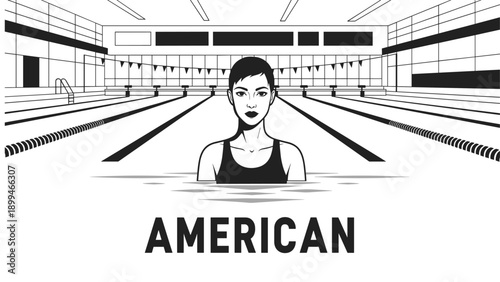 Woman swimmer in competition pool with lanes and starting blocks, black and white illustration