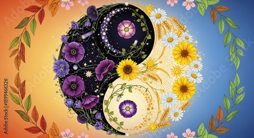 Yin yang symbol with vibrant flowers and leaves on gradient background representing harmony and balance in nature