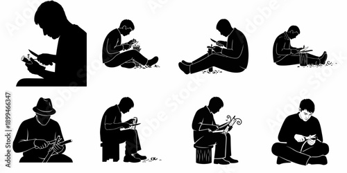 Set of black silhouettes showing men whittling and carving wood with knives, illustrating manual craftsmanship and traditional folk art.