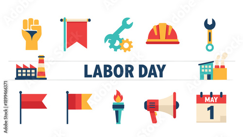 Labor Day celebration with icons representing industry, protest, and workers' rights
