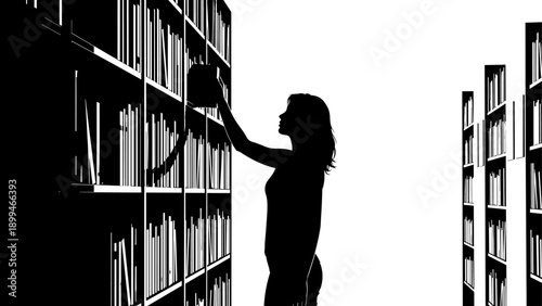 Silhouette of a woman reaching for a book on a shelf in a library