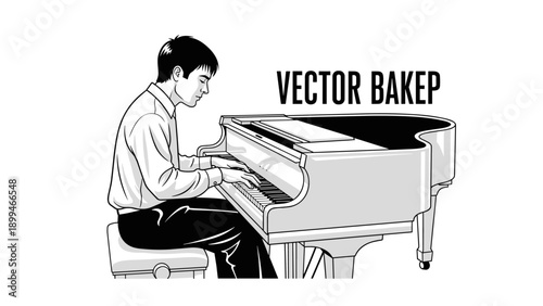 Young man playing a grand piano with concentration, black and white vector illustration