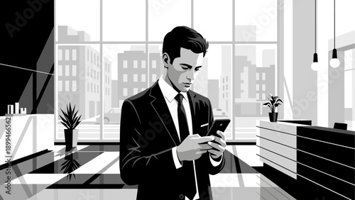 Young businessman in a suit using a smartphone in a modern office lobby