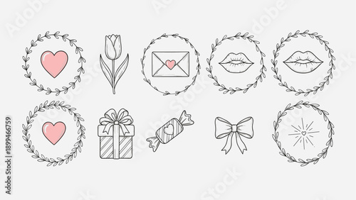 Hand-drawn romantic icons with hearts, lips, and gifts for Valentine's Day